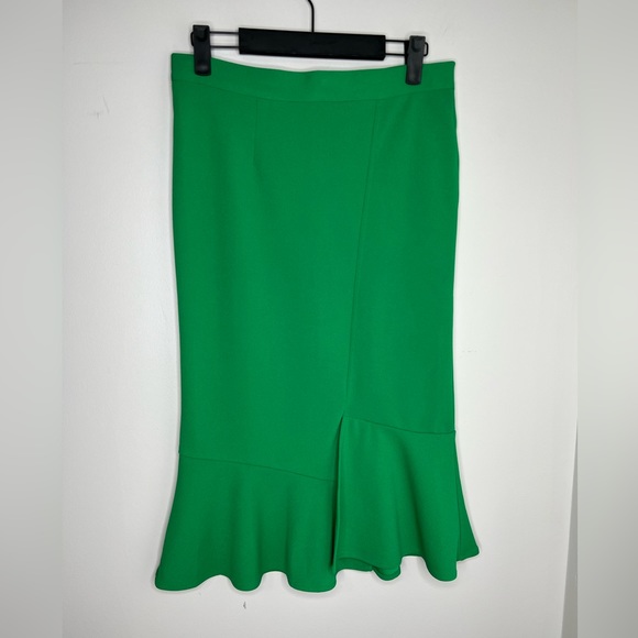 JEMMA green fitted, peplum hem midi skirt. Small. Asymmetrical split. - Picture 2 of 4